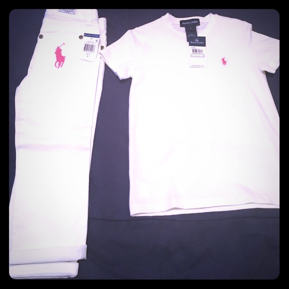 Girls White W/ Pink Pony Ralph Lauren Outfit Sz5